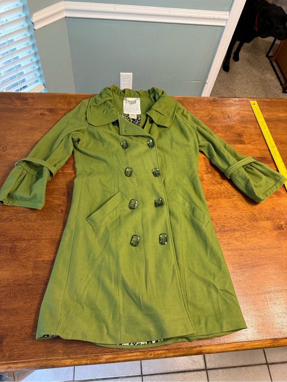 Vtg Y2K Wet Seal Green Wool Blend Pea Coat Leopard Lined Bell Sleeve L